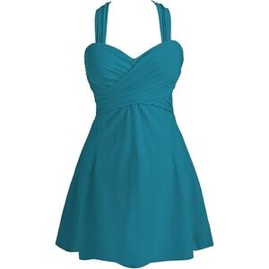 Cocopear Teal Blue Ruched Crossover Halter Swim Dress with Built-in Shorts L